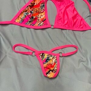 Vibrant Pink and Multicolor Women's Halter Bikini Set